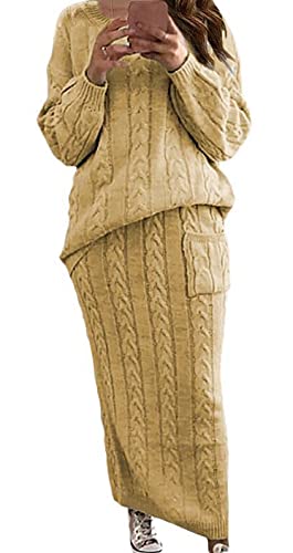 CHARTOU Women's Winter Chunky Cable Knit Long Skirt 2 Piece Outfit Sweater Sets (Large, Mustard) - Image 1