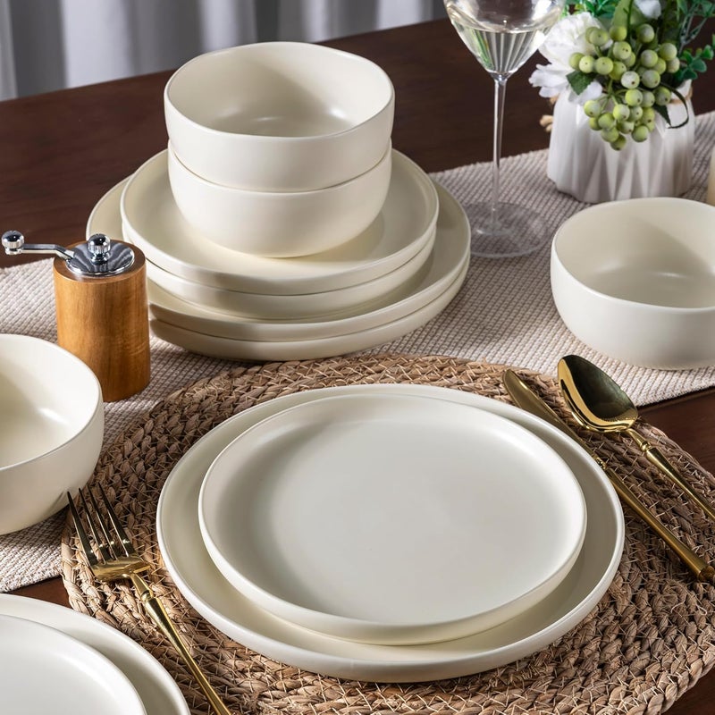 AmorArc أطقم أدوات المائدة من AmorArc من الخزف مع حواف متموجة أطباق وأوعية خزفية مقاومة للتشقق والرقائق آمنة في غسالة الصحون والميكروويف والفرن مجموعة لخدمة 4 أشخاص 12 قطعة - Image 5