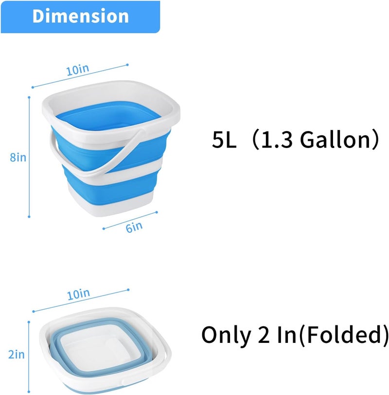 Craftend علبتان من الدلاء القابلة للطي 5 لتر 1.3 جالون دلو تنظيف صغير للأسرية محمول دلو بلاستيكي خارجي حوض غسيل سيارات قابل للطي تخييم شاطئ رمل وعاء ماء سطل توفير مساحة مربع رمادي وأزرق - Image 2