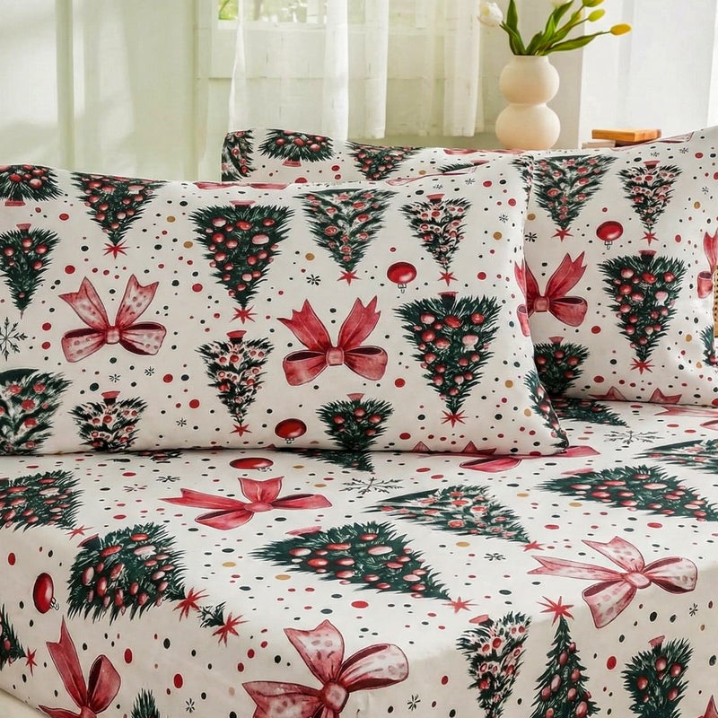 سيجنولا طقم ملايات سيجنولا بنقشة شريط الكريسماس 🎀 – تصميم أعياد الميلاد (Xmas) – طقم 3 قطع – ناعم ومريح ومقاوم للتجعد – مناسب لأجواء الشتاء – للرجال والسيدات والأطفال – مقاس كوين 180 × 240 سم - Image 3