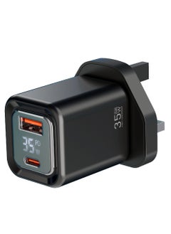 porodo Dual-Port Wall Charger 35W with Digital Display / Quick Charger / GaN Technology / UK Plug / for Phone/Tablet/Camera/Controller / Home and Travel - Black  - Image 1