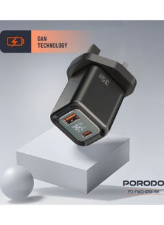 porodo Dual-Port Wall Charger 35W with Digital Display / Quick Charger / GaN Technology / UK Plug / for Phone/Tablet/Camera/Controller / Home and Travel - Black  - Image 2