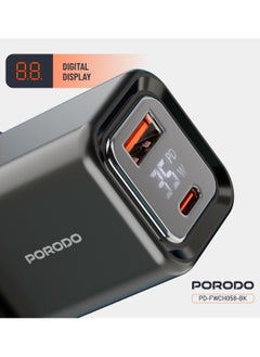 porodo Dual-Port Wall Charger 35W with Digital Display / Quick Charger / GaN Technology / UK Plug / for Phone/Tablet/Camera/Controller / Home and Travel - Black  - Image 4