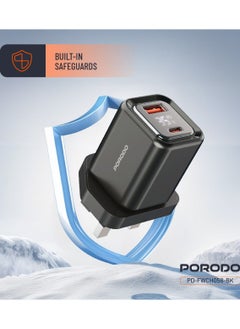 porodo Dual-Port Wall Charger 35W with Digital Display / Quick Charger / GaN Technology / UK Plug / for Phone/Tablet/Camera/Controller / Home and Travel - Black  - Image 3