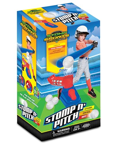 Stomp Rocket Stomp N Pitch Baseball Pitching Machine Kids Easter Basket Stuffers Baseball Training Machines for Boys Girls with Collapsible Bat Launcher 5 Balls Outdoor Sports Gear Toys 6 Year Olds - Image 1