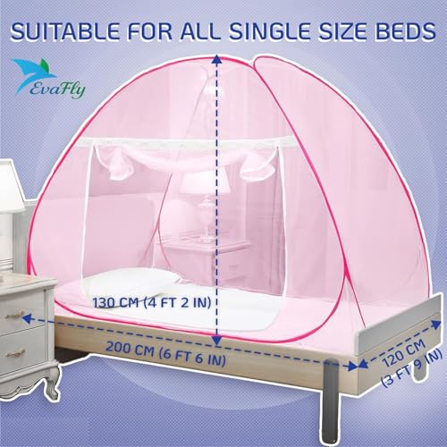Evafly Mosquito Net for Single Bed | Foldable Machardani | Polyester Strong 30GSM mesh | Corrosion Resistant Steel Wire - Full Pink. - Image 4