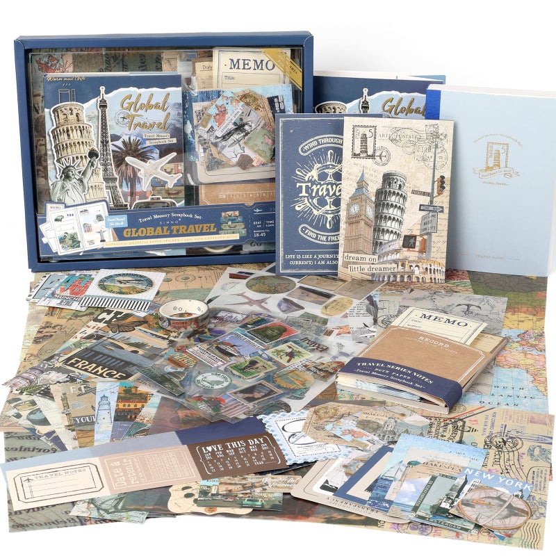 Auguro World Travel Scrapbook Kit A6 Grid Notebook Stationery Junk Journal Kit Scrapbooking Supplies Kit Craft DIY Gift for Adult Teen Girl