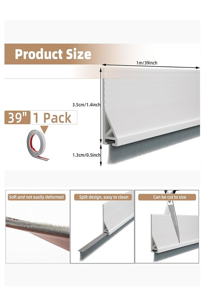 مانع تيار الهواء للباب مع فرشاة، مكنسة باب 39 بوصة لأسفل الباب، شريط لاصق ذاتي اللصق لأسفل الباب، عازل غبار/غبار تحت الباب/عازل للهواء الساخن أو البارد، أبيض - Image 2