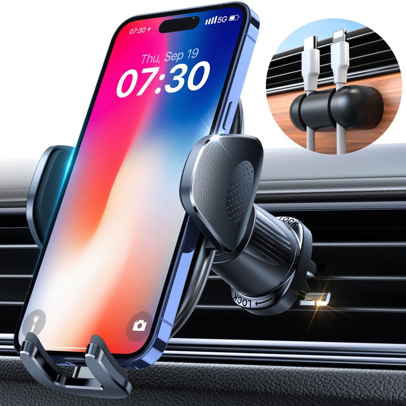YRU Phone Holders for Your Car [2026 Upgraded Military Metal Hook], Cellphone Holder Car[No Fear of Bumps] Vent Phone Mount Truck Compatible with iPhone17 16 15 14 13 12 Samsung Android, Black - Image 1