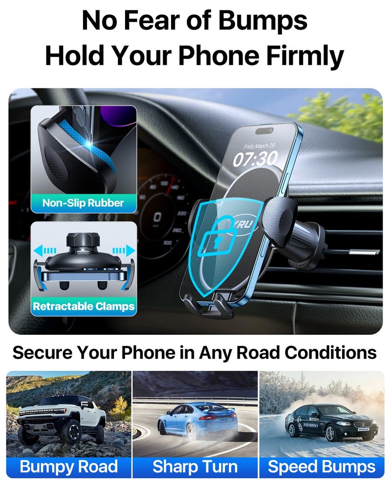 YRU Phone Holders for Your Car [2026 Upgraded Military Metal Hook], Cellphone Holder Car[No Fear of Bumps] Vent Phone Mount Truck Compatible with iPhone17 16 15 14 13 12 Samsung Android, Black - Image 2