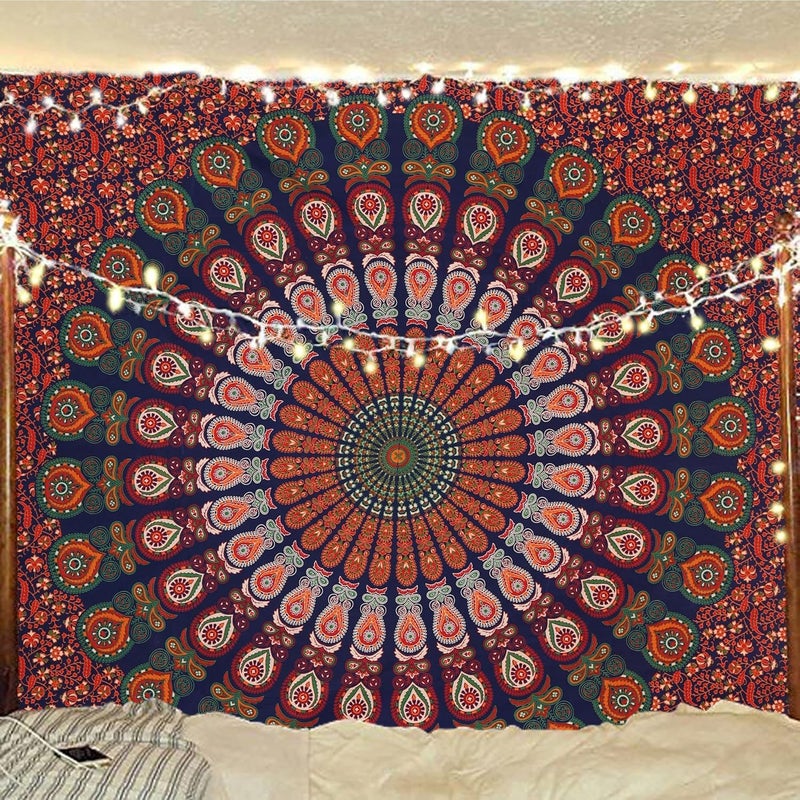 Bless International Indian hippie Bohemian Psychedelic Peacock Mandala Wall hanging Bedding Tapestry (Golden Red Green, King (88x104Inches)(225x265Cms)) - Image 5
