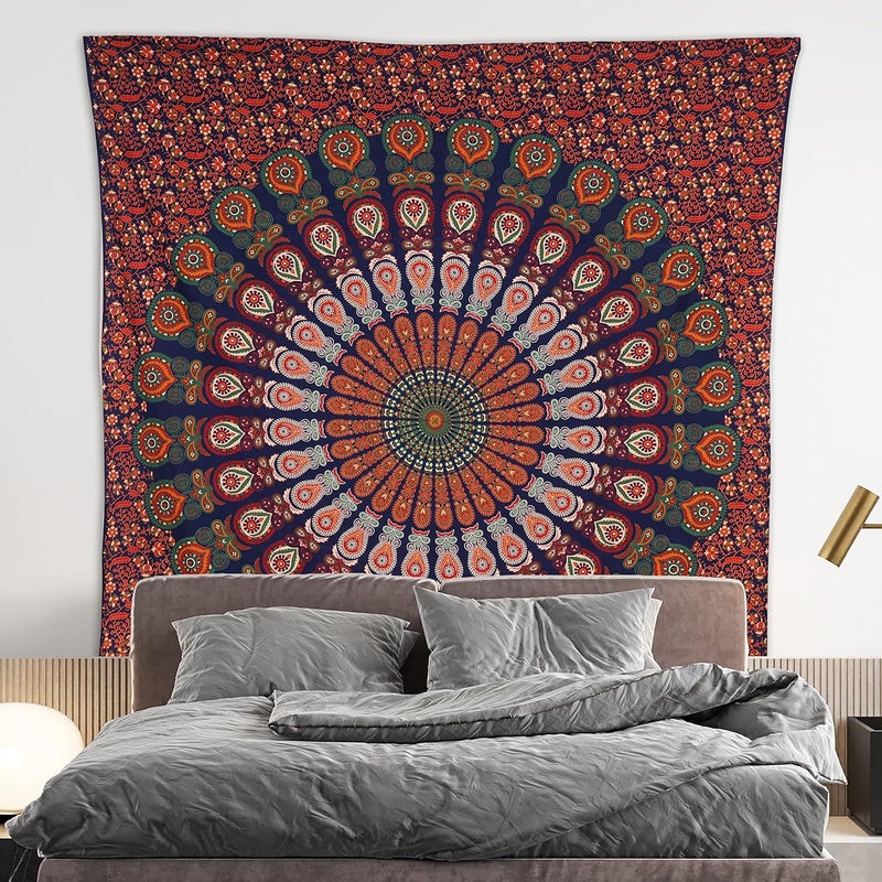 Bless International Indian hippie Bohemian Psychedelic Peacock Mandala Wall hanging Bedding Tapestry (Golden Red Green, King (88x104Inches)(225x265Cms)) - Image 2