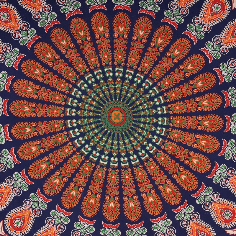 Bless International Indian hippie Bohemian Psychedelic Peacock Mandala Wall hanging Bedding Tapestry (Golden Red Green, King (88x104Inches)(225x265Cms)) - Image 4