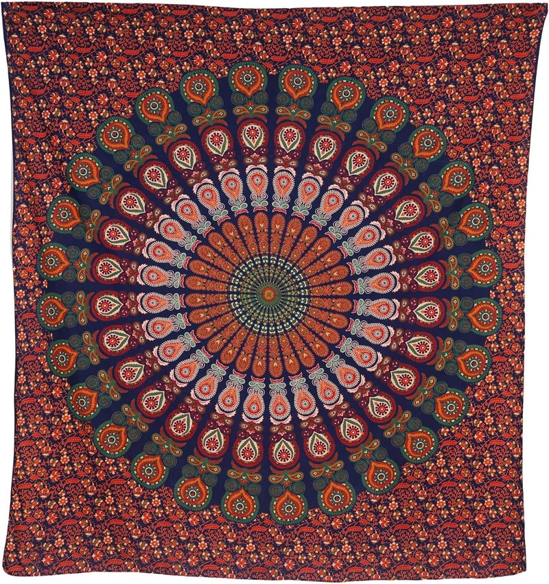 Bless International Indian hippie Bohemian Psychedelic Peacock Mandala Wall hanging Bedding Tapestry (Golden Red Green, King (88x104Inches)(225x265Cms)) - Image 3