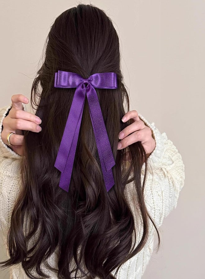 Miroksh 5.5" Purple Silky Satin Tassel Ribbon Hair Bows Hair Clip with Long Tail for Women Girls Thick Hair, Her Birthday Wedding Mardi Gras Costume Fall outfit Dress up Party Decor Accessory - Image 3