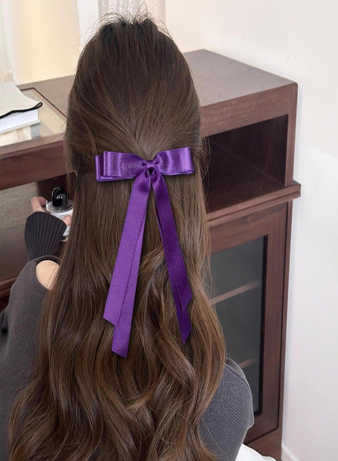 Miroksh 5.5" Purple Silky Satin Tassel Ribbon Hair Bows Hair Clip with Long Tail for Women Girls Thick Hair, Her Birthday Wedding Mardi Gras Costume Fall outfit Dress up Party Decor Accessory - Image 4