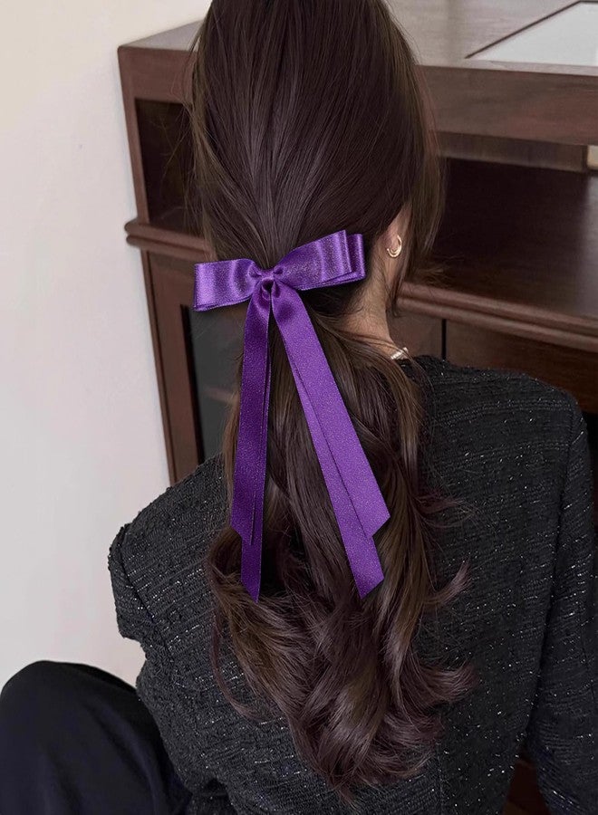 Miroksh 5.5" Purple Silky Satin Tassel Ribbon Hair Bows Hair Clip with Long Tail for Women Girls Thick Hair, Her Birthday Wedding Mardi Gras Costume Fall outfit Dress up Party Decor Accessory - Image 5
