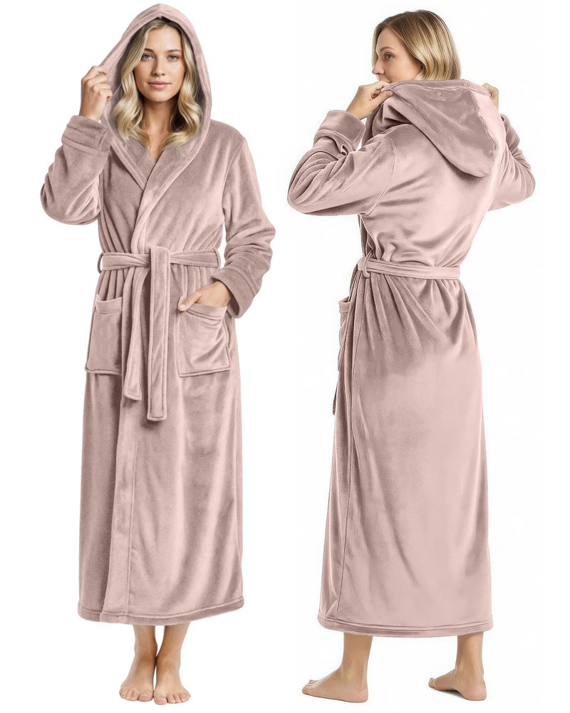 NY Threads روب نسائي فاخر من NY Threads مع غطاء رأس، روب استحمام طويل من الفليس الناعم للنساء، روب استحمام نسائي ناعم ورقيق، كبير، بني رمادي - Image 1