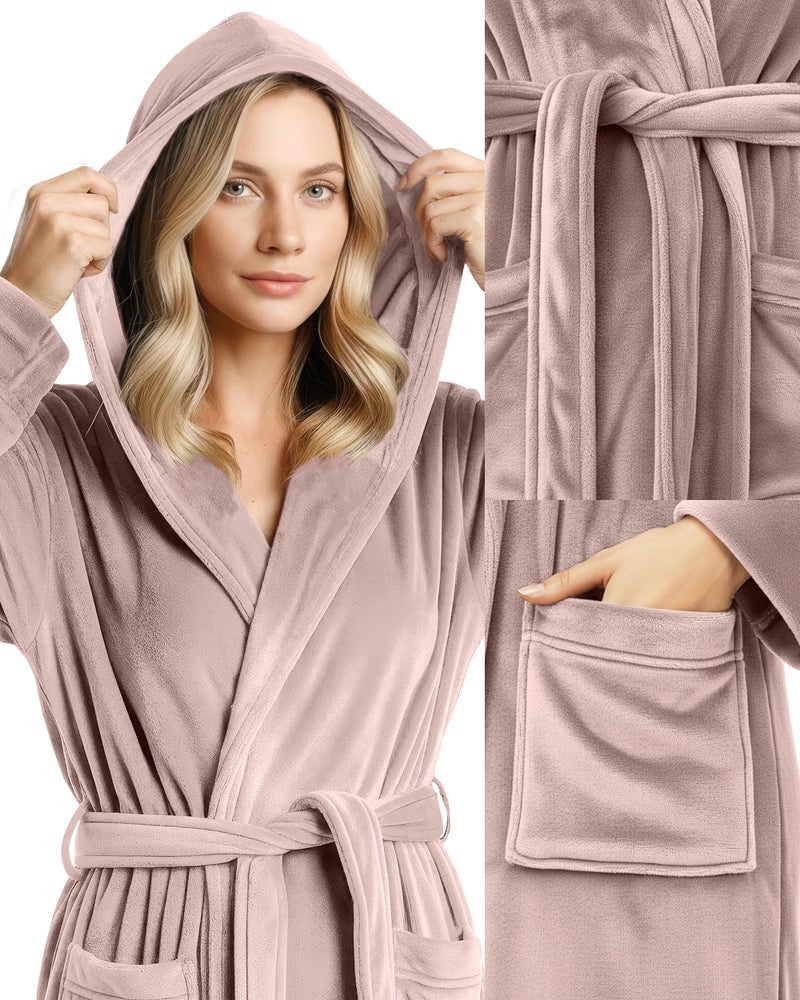 NY Threads روب نسائي فاخر من NY Threads مع غطاء رأس، روب استحمام طويل من الفليس الناعم للنساء، روب استحمام نسائي ناعم ورقيق، كبير، بني رمادي - Image 3