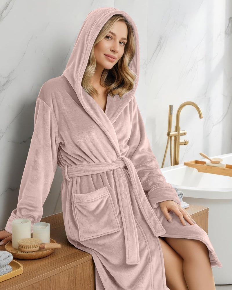 NY Threads روب نسائي فاخر من NY Threads مع غطاء رأس، روب استحمام طويل من الفليس الناعم للنساء، روب استحمام نسائي ناعم ورقيق، كبير، بني رمادي - Image 4