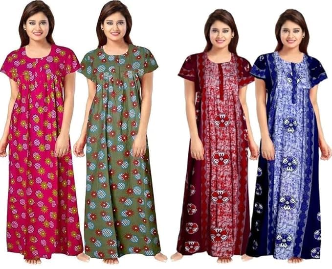 Vlazom Women's Cotton Nightgown – Pack of 4 Printed Maxi Nighties | Ankle Length Night Dress | Free Size Sleepwear (Option-20, Free Size) - Image 1