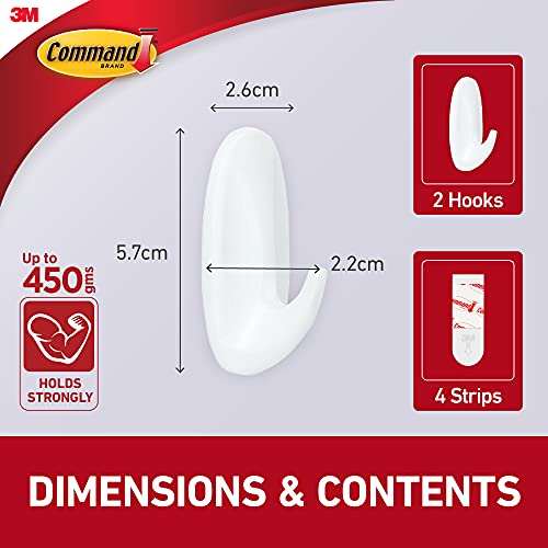 Command 3M Command Small Designer Hooks, Holds up to 450 gms, No Paint Damage, Holds Strongly, Reusable, Adhesive hooks for wall, Multi-surface (White, 2 hooks, 4 strips) - Image 3