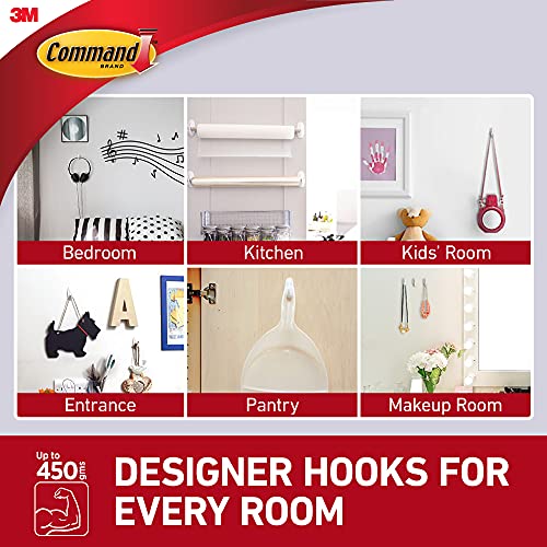 Command 3M Command Small Designer Hooks, Holds up to 450 gms, No Paint Damage, Holds Strongly, Reusable, Adhesive hooks for wall, Multi-surface (White, 2 hooks, 4 strips) - Image 4