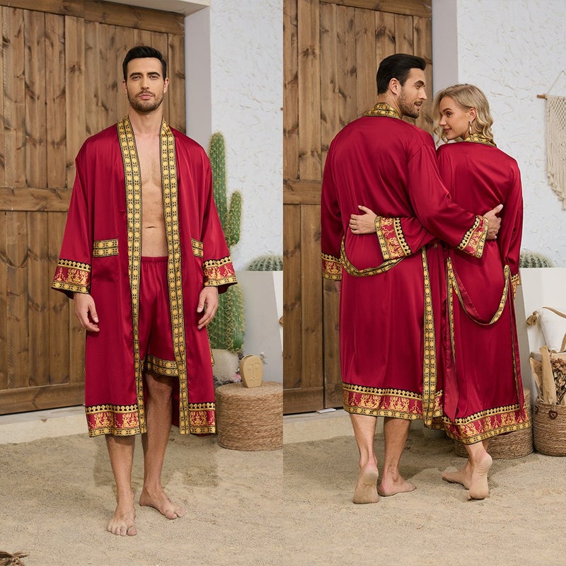 طقم روب طويل وشورت رجالي فاخر من الساتان بتصميم باروكي بياقة V وأكمام طويلة
