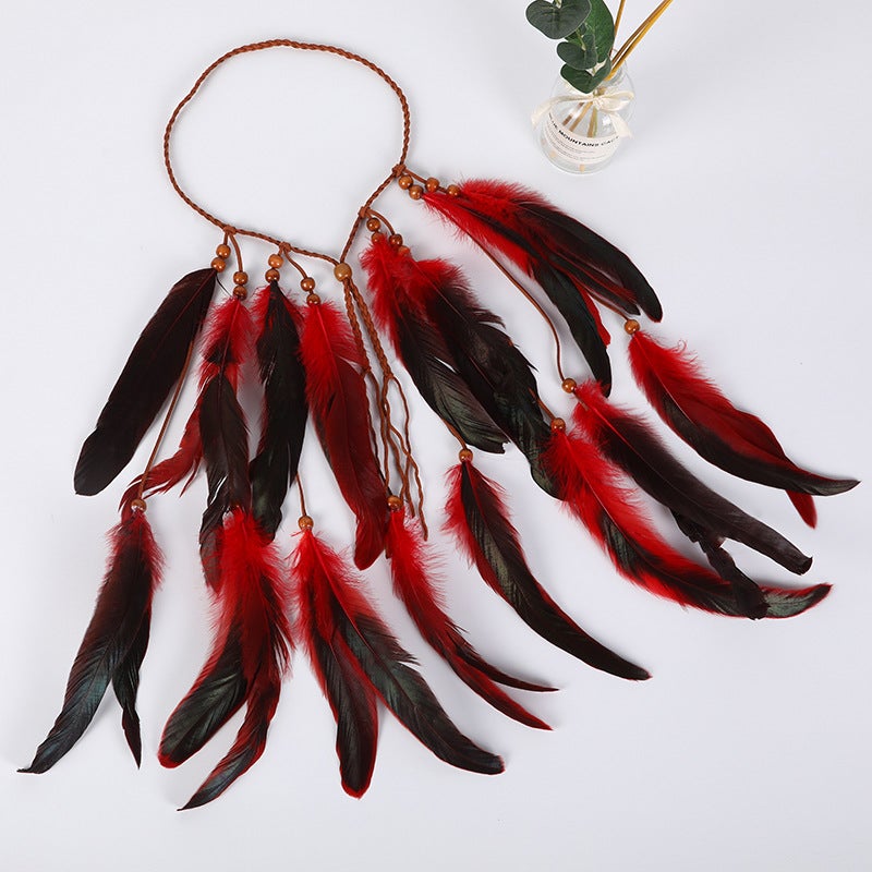 رباط شعر ريش ملون بوهيمي طويل أحمر