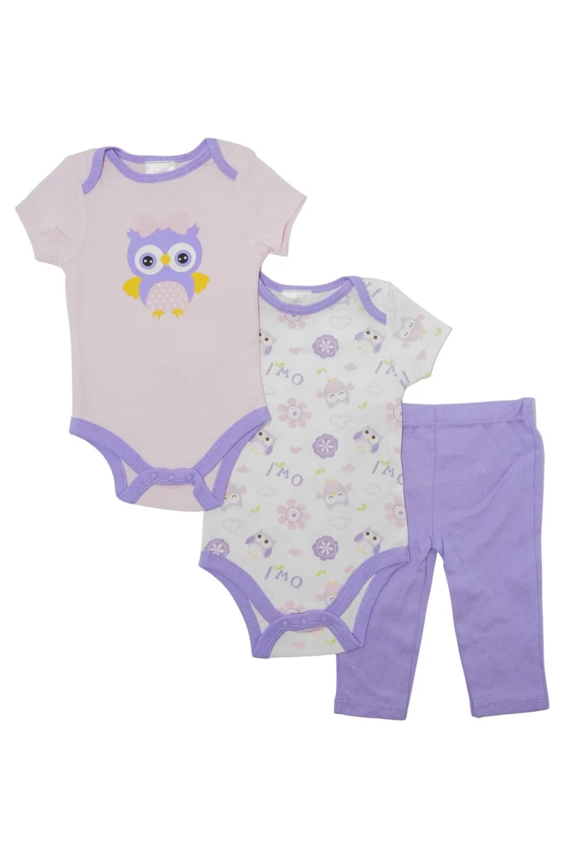 بمبىمىشى Bambimici Purple Owl Printed Short Sleeve with Pyjama 3-Piece