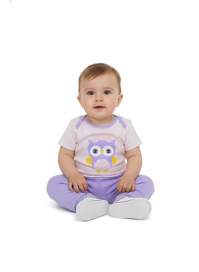 Bambimici Purple Owl Printed Short Sleeve with Pyjama 3-Piece - Image 3