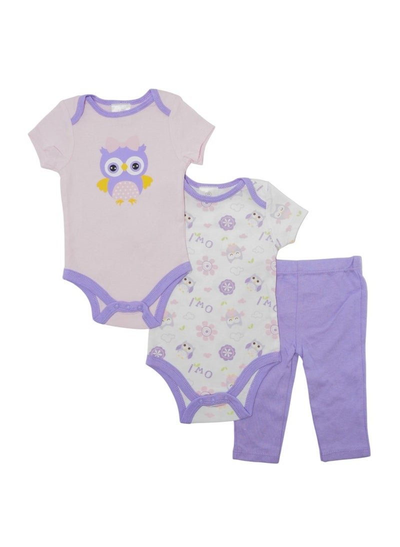 Bambimici Purple Owl Printed Short Sleeve with Pyjama 3-Piece - Image 1