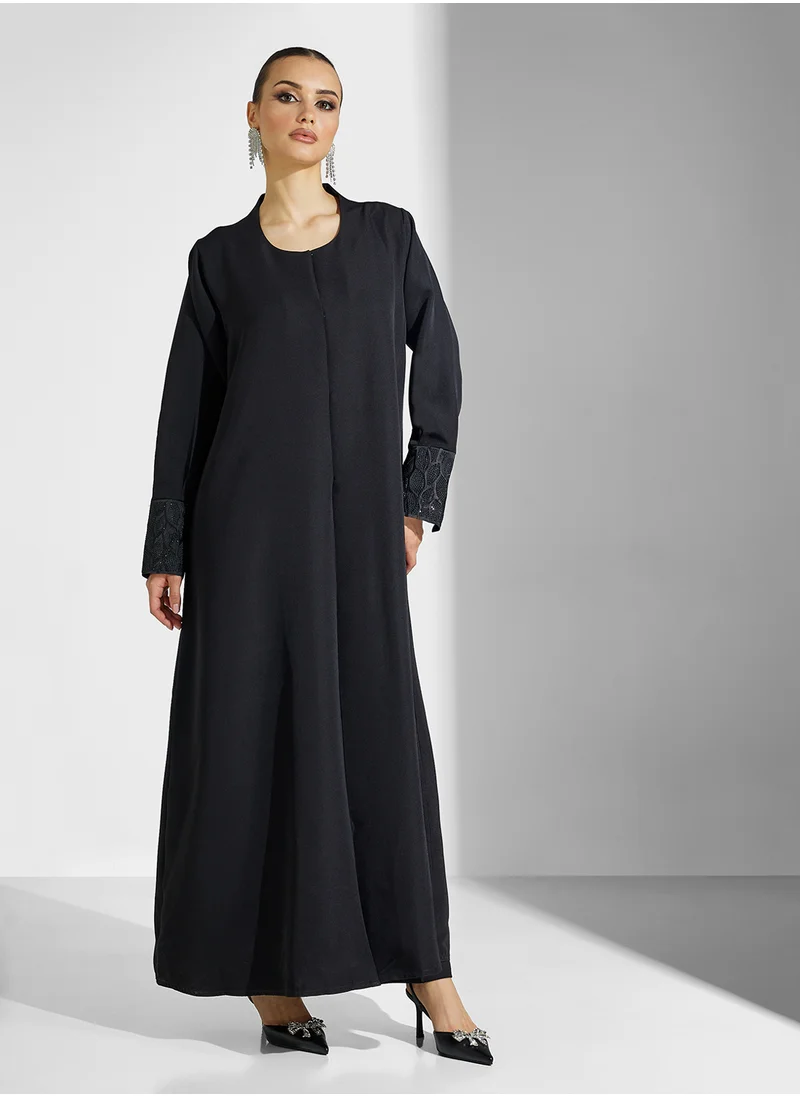 hayas closet Crew Neck Flared Embellished Sleeve Abaya