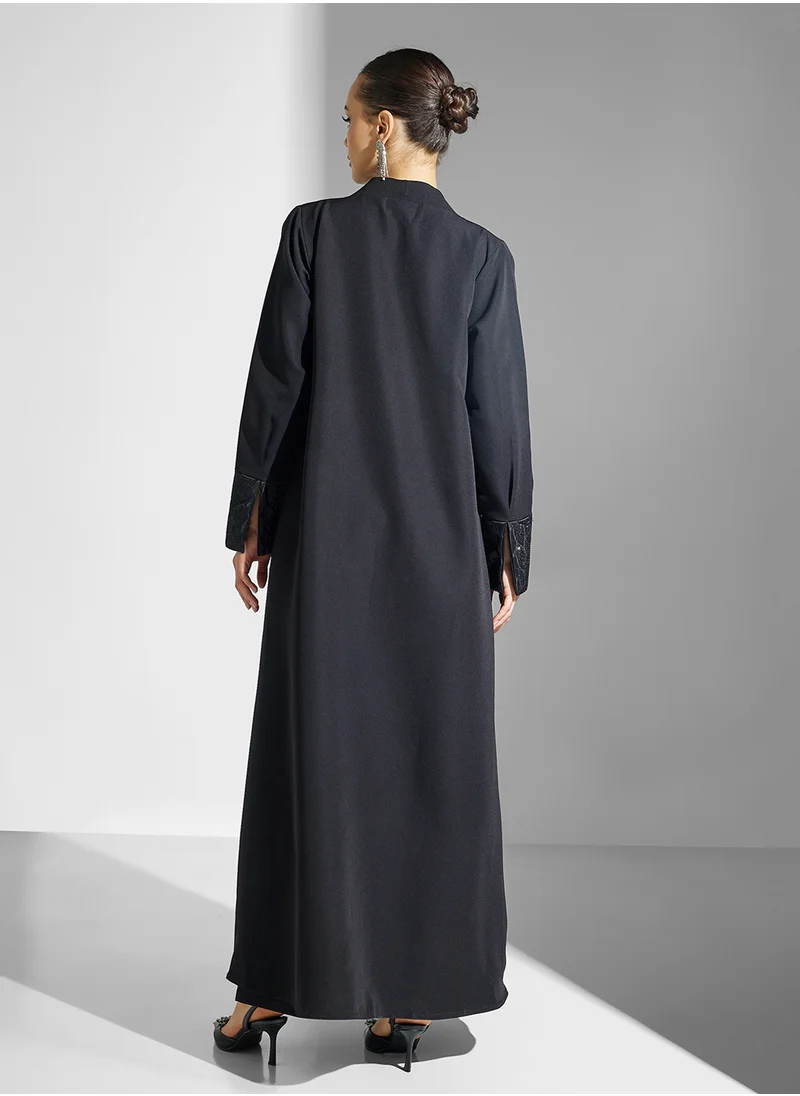 hayas closet Crew Neck Flared Embellished Sleeve Abaya