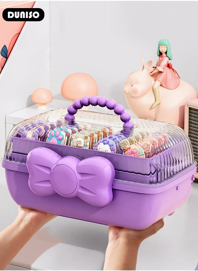 DUNISO - Hair Accessories Storage Box with Lid, Lockable Three-layer Folding Cosmetics Jewelry Storage Box with Expandable Tray and Handle, Portable Headbands Holder Case Craft Organizer for Girls - Image 1