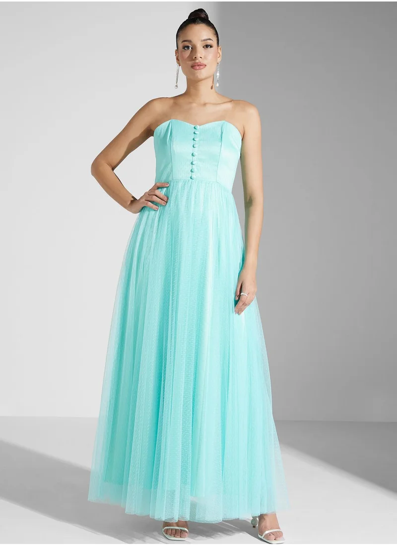 Iyra Button Detail Mesh Tiered Dress
