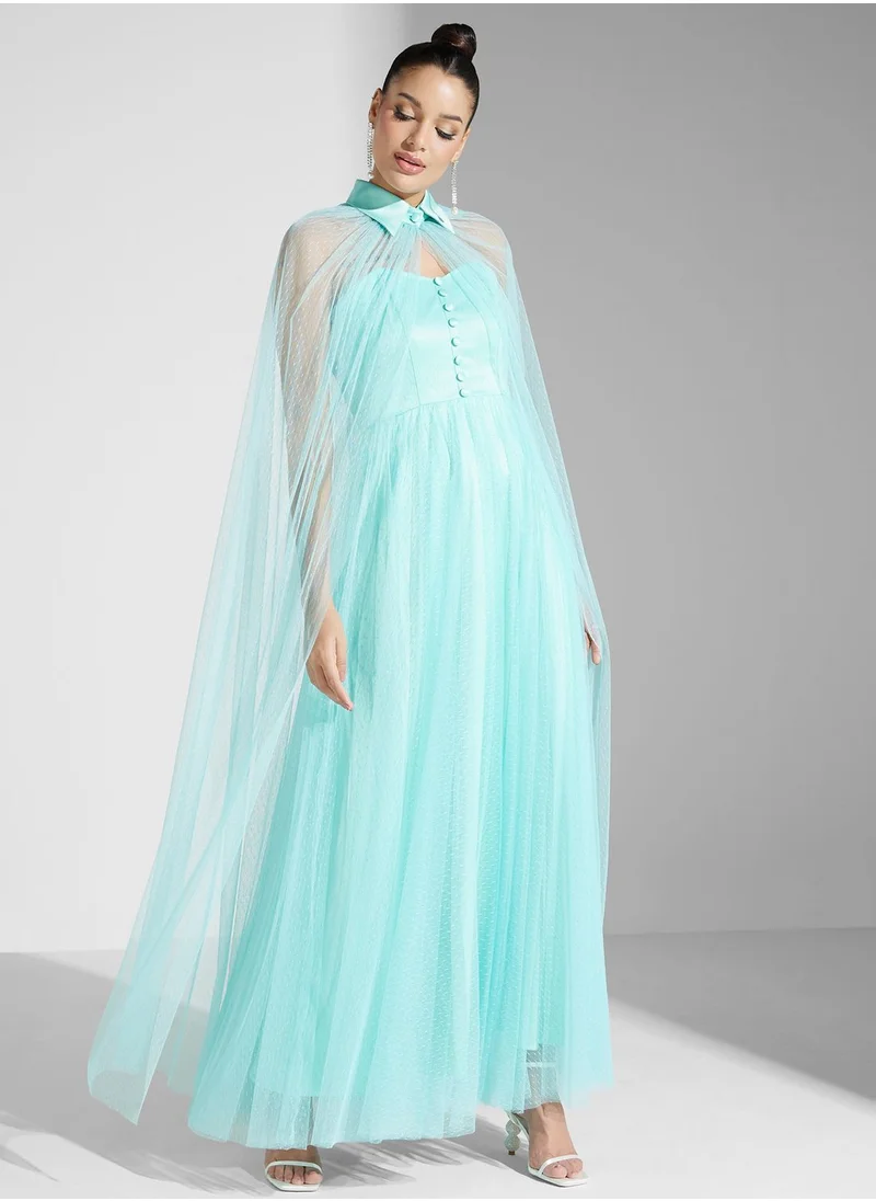 Iyra Button Detail Mesh Tiered Dress
