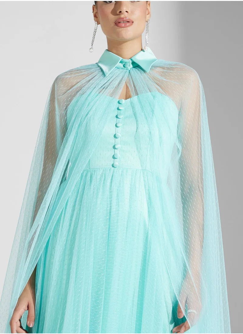 Iyra Button Detail Mesh Tiered Dress