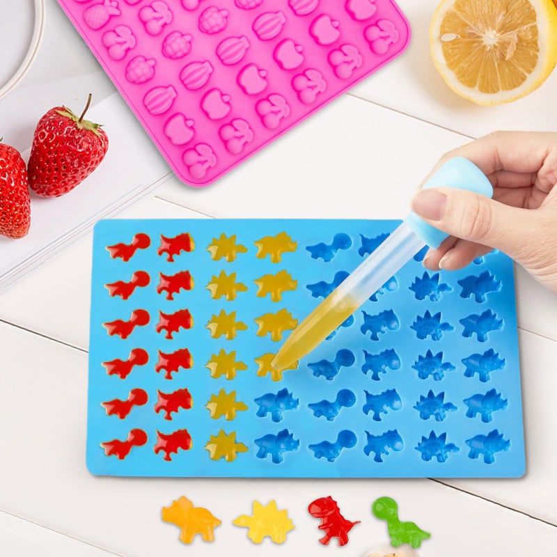 Apiocmy 3Pcs Gummy Candy Molds - Silicone Mini Gummy Bear/Dinosaur/Fruit Snack Molds with 2Pcs Dropper,Non-stick and Bpa Free for Candy Chocolate Gummies Baking - Image 3