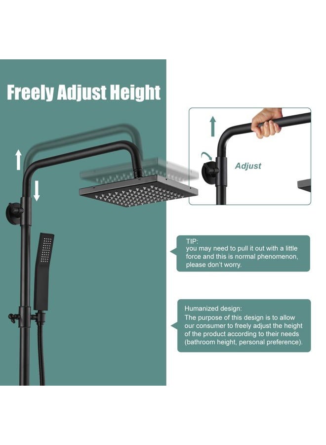 Heyalan Matte Black Exposed Shower System Dual Function Bathroom Shower Faucet 8 Inch Square Swivel Rainfall Shower Head with Handheld Adjustable Complete Set Wall Mount - Image 2