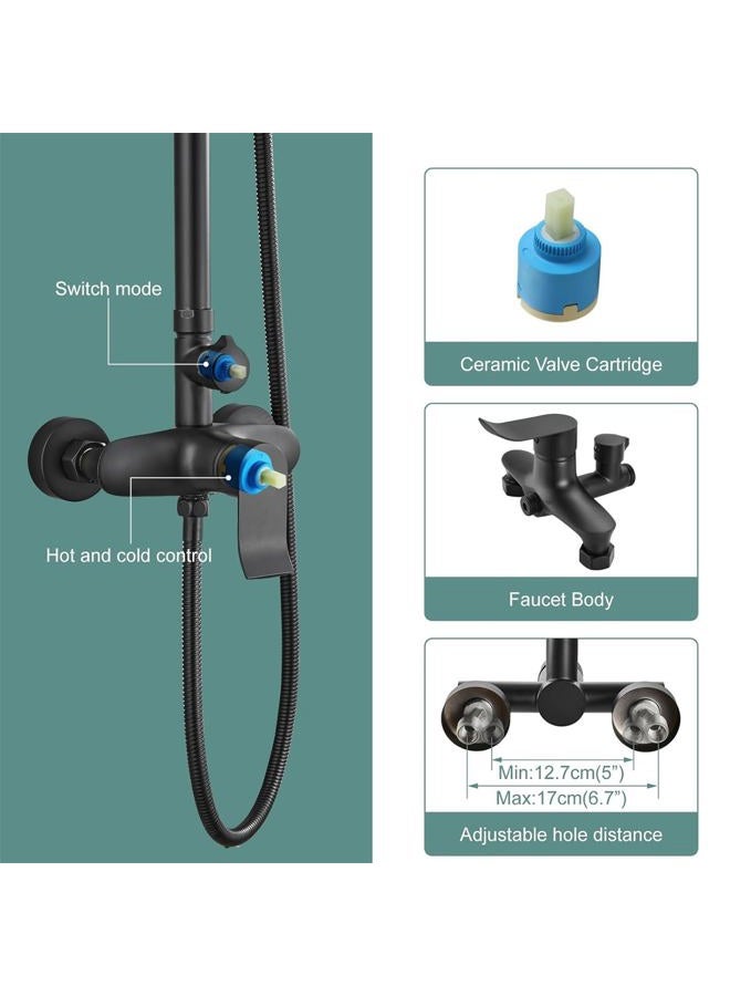 Heyalan Matte Black Exposed Shower System Dual Function Bathroom Shower Faucet 8 Inch Square Swivel Rainfall Shower Head with Handheld Adjustable Complete Set Wall Mount - Image 4