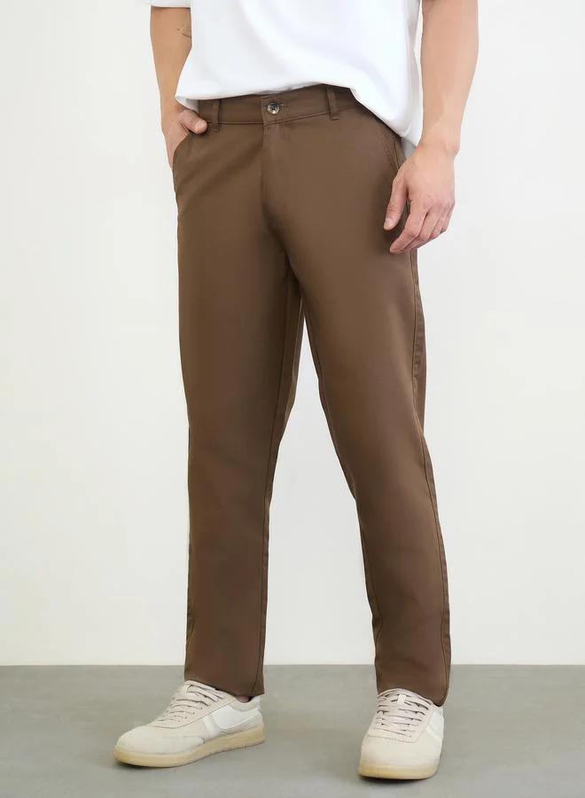 Styli Brown Men Regular Fit Solid Cotton Pants for Men | Best Price UAE