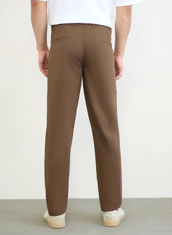 Styli Brown Men Regular Fit Solid Cotton Pants for Men | Best Price UAE