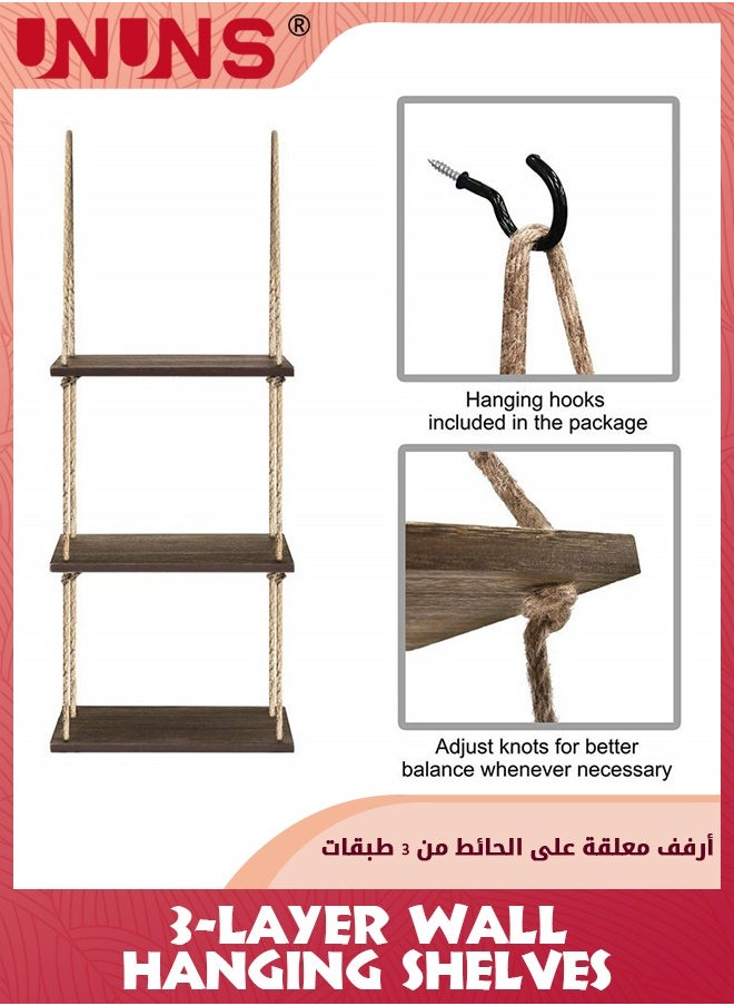 UNUNS - أرفف معلقة للجدار، رف معلق عائم من الخشب العتيق بثلاث طبقات مع عملية نسج خيوط يدوية، مناسبة لغرفة النوم وغرفة المعيشة والحمام، وأرفف نباتات النوافذ المعلقة - Image 1
