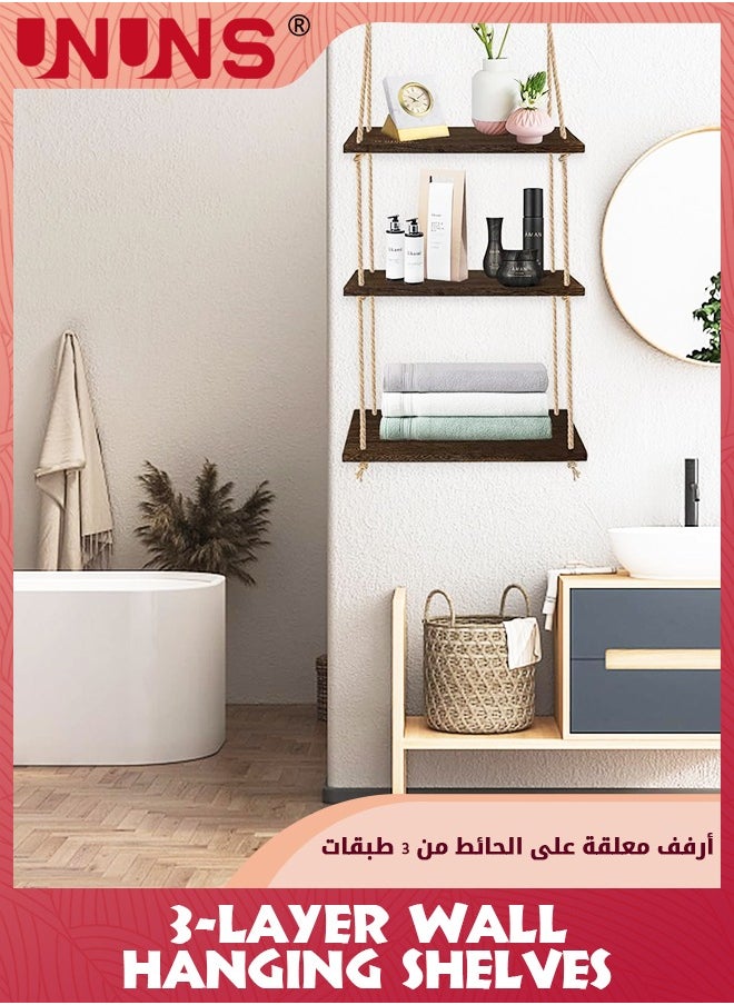 UNUNS - أرفف معلقة للجدار، رف معلق عائم من الخشب العتيق بثلاث طبقات مع عملية نسج خيوط يدوية، مناسبة لغرفة النوم وغرفة المعيشة والحمام، وأرفف نباتات النوافذ المعلقة - Image 1
