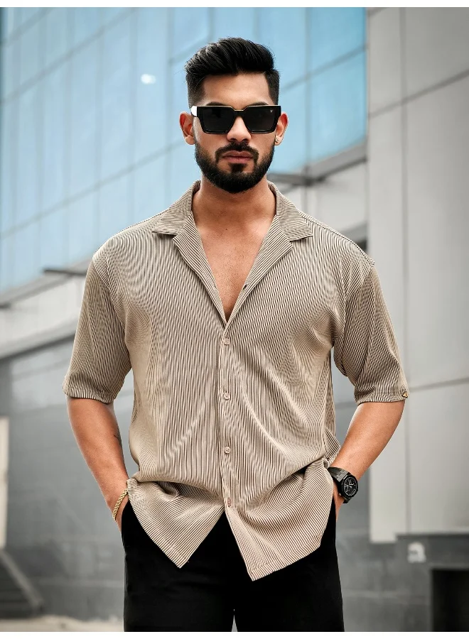 مانياك قميص رجالي مانياك بيج بياقة وأكمام 3/4 من البوليستر بنقوش مخططة