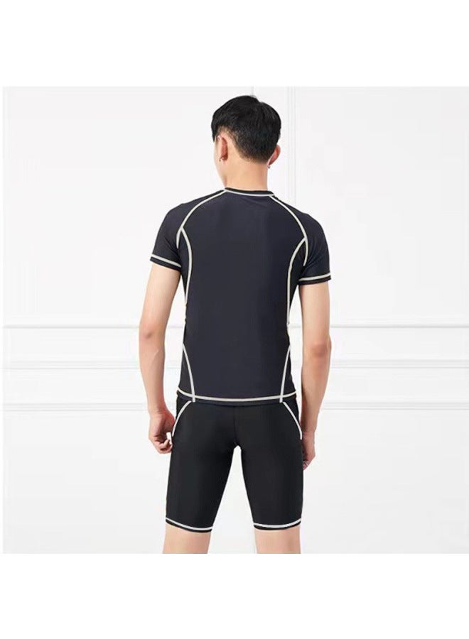 Loquat Men's Swimwear Split Two-piece Set Short-sleeved Adult Large Size Five-point Pants Quick-drying Suit Men's Beach Swimsuit-Color:Blue Bottom Blue Line -2- - Image 3