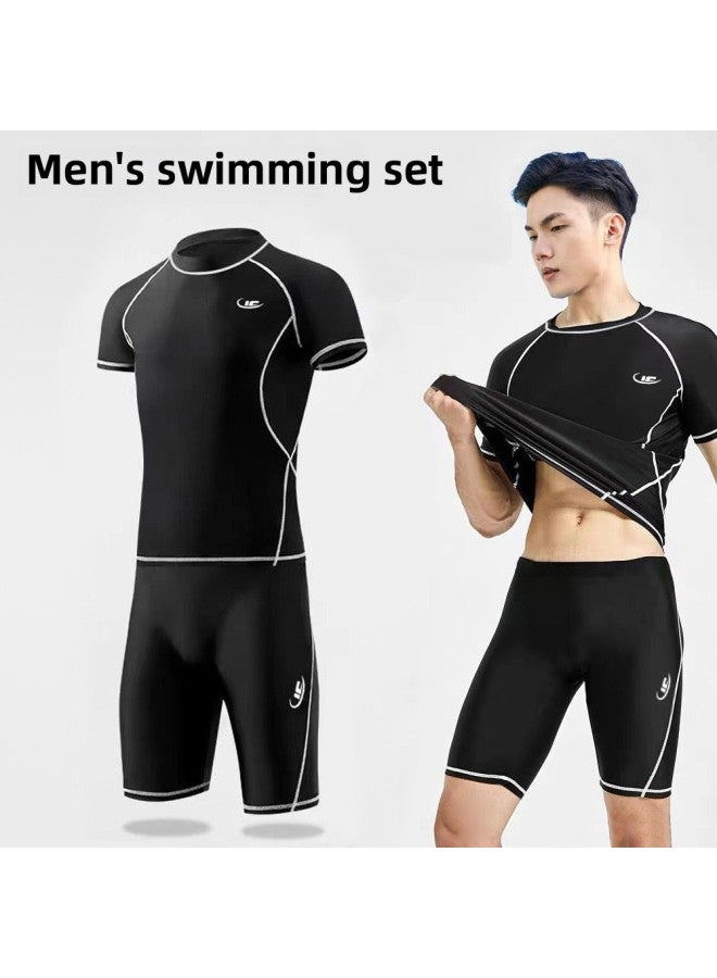 Loquat Men's Swimwear Split Two-piece Set Short-sleeved Adult Large Size Five-point Pants Quick-drying Suit Men's Beach Swimsuit-Color:Blue Bottom Blue Line -2- - Image 2