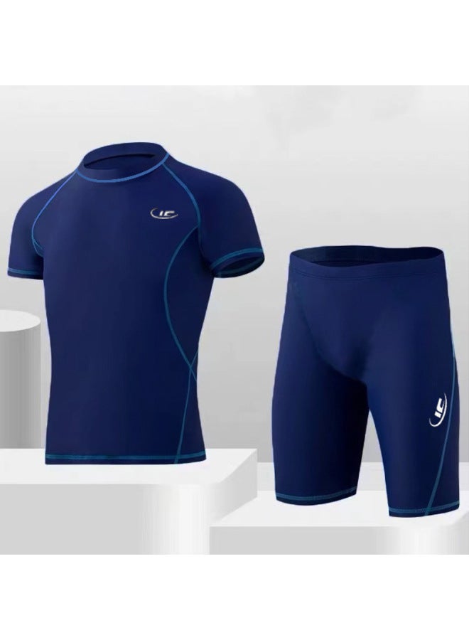 Loquat Men's Swimwear Split Two-piece Set Short-sleeved Adult Large Size Five-point Pants Quick-drying Suit Men's Beach Swimsuit-Color:Blue Bottom Blue Line -2- - Image 1