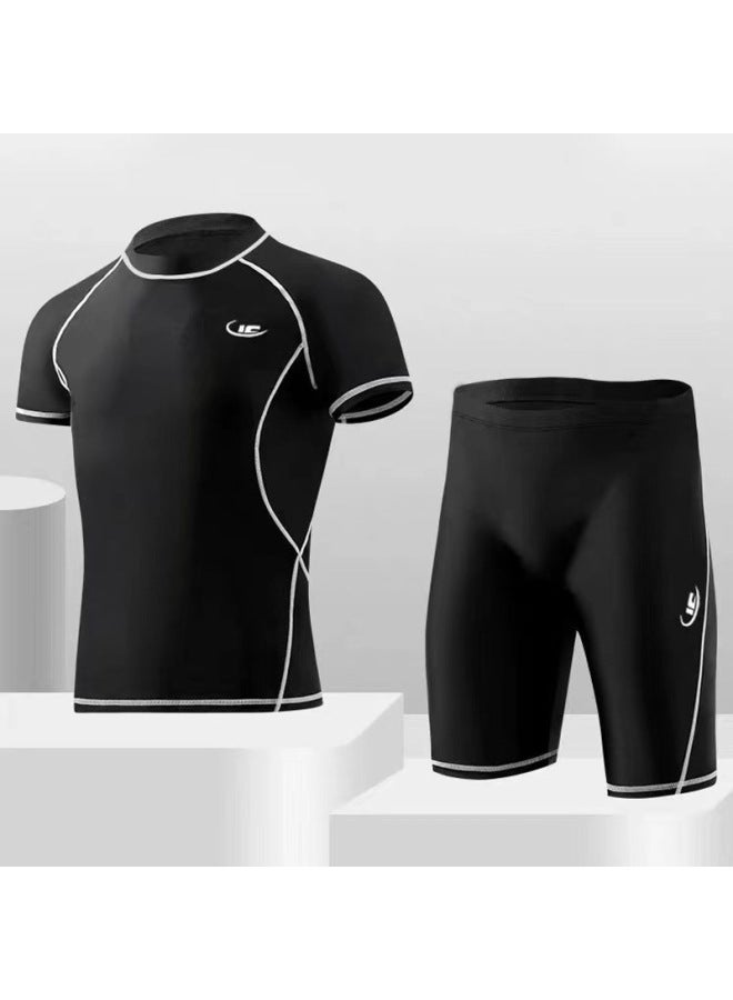 Loquat Men's Swimwear Split Two-piece Set Short-sleeved Adult Large Size Five-point Pants Quick-drying Suit Men's Beach Swimsuit-Color:Blue Bottom Blue Line -2- - Image 5